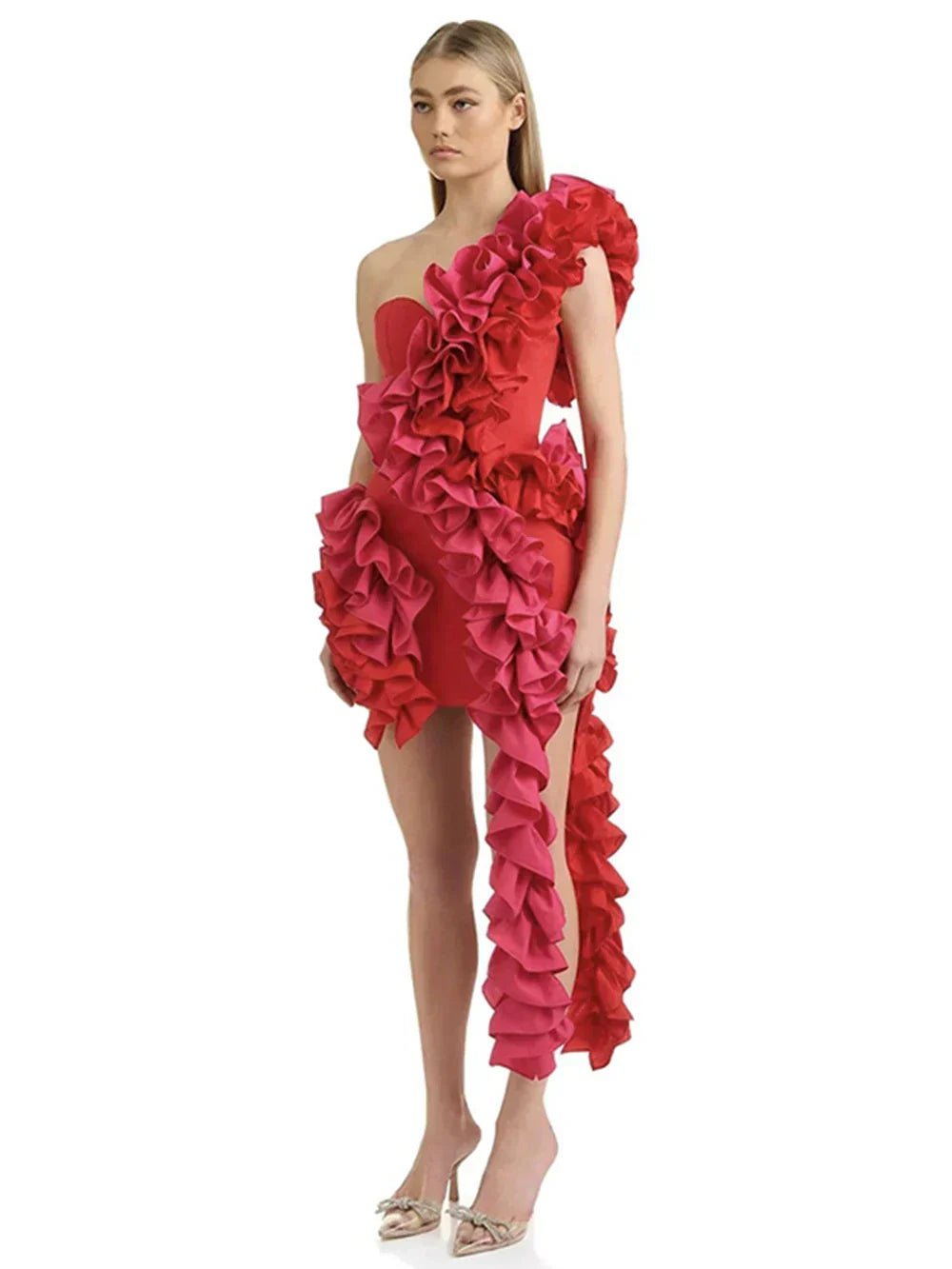 One Shoulder Sweetheart Neck Cascading Ruffle Bodycon Mini Dress 7