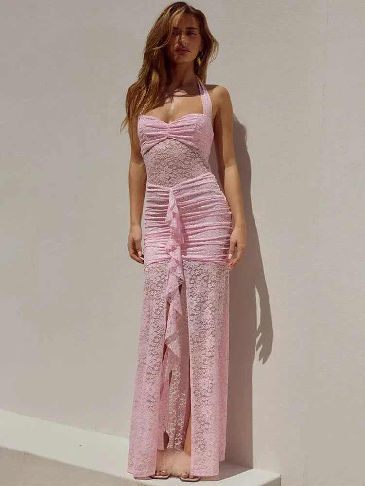 Lace Halter Neck Ruched Ruffle Front Split Maxi Dress