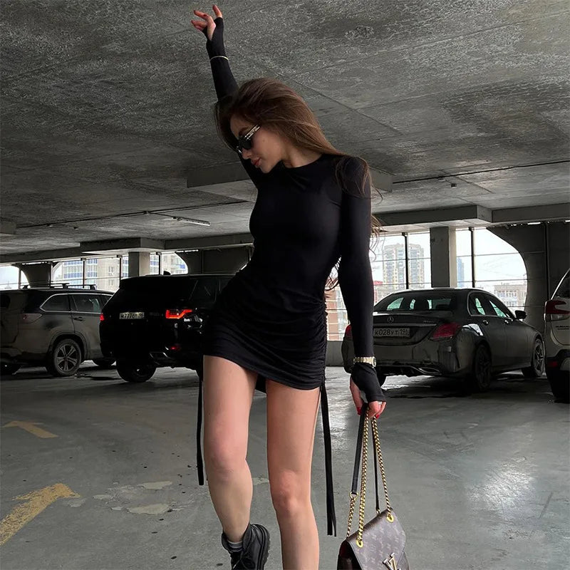 Drawstring Bandage Long Sleeve Mini Dress