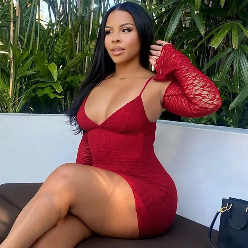 Lace Deep V-Neck Cold Shoulder Long Sleeve Bodycon Mini Dress 8