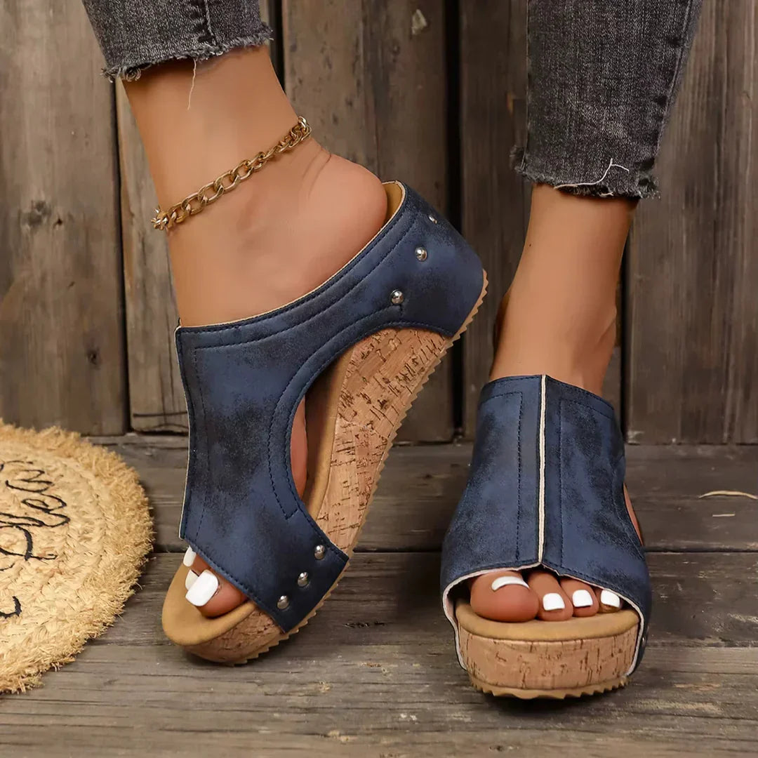 Studded Cut Out Cork Wedge Platform Slide Sandals