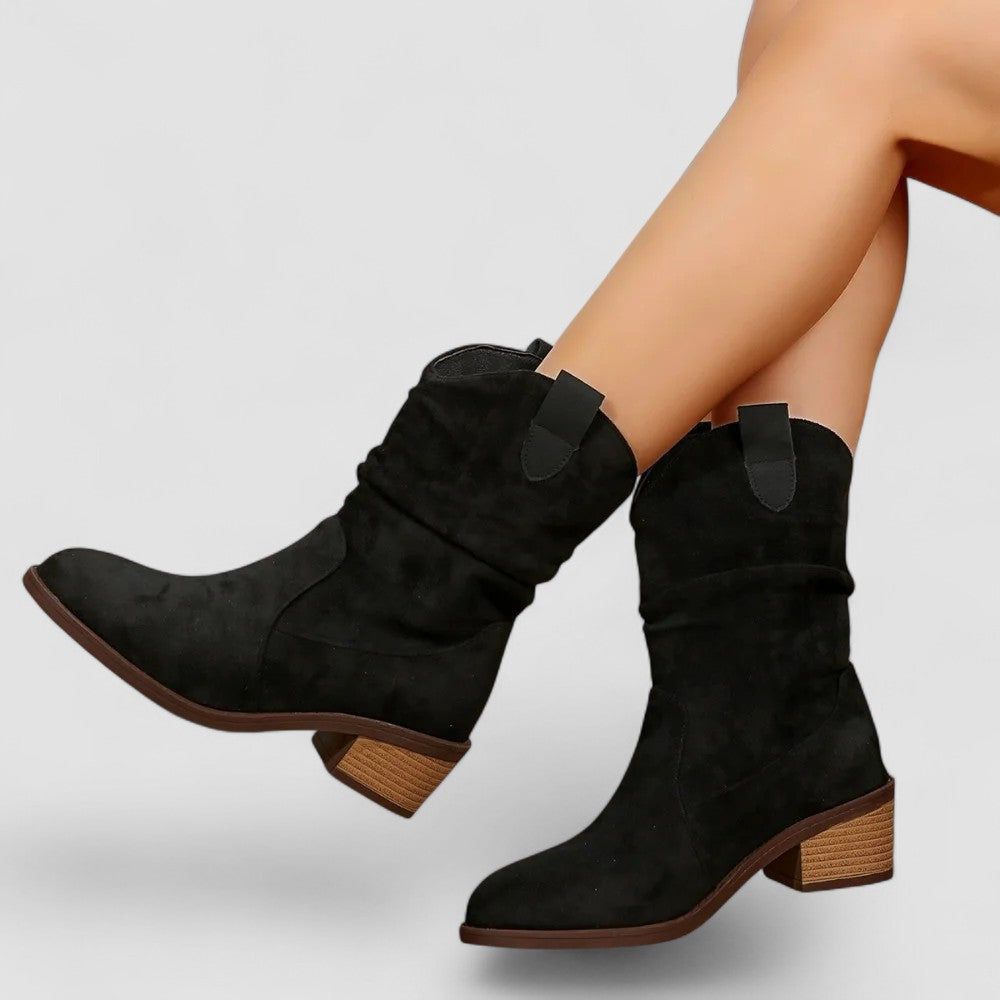 Suede Look Slouch Pointed Toe Block Heel Western Boots