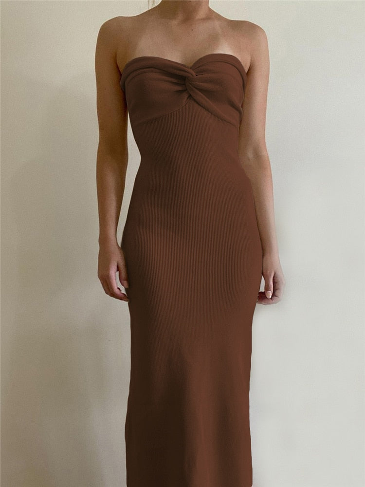 Knit Strapless Twist Front Sweetheart Neck Bodycon Midi Dress 4