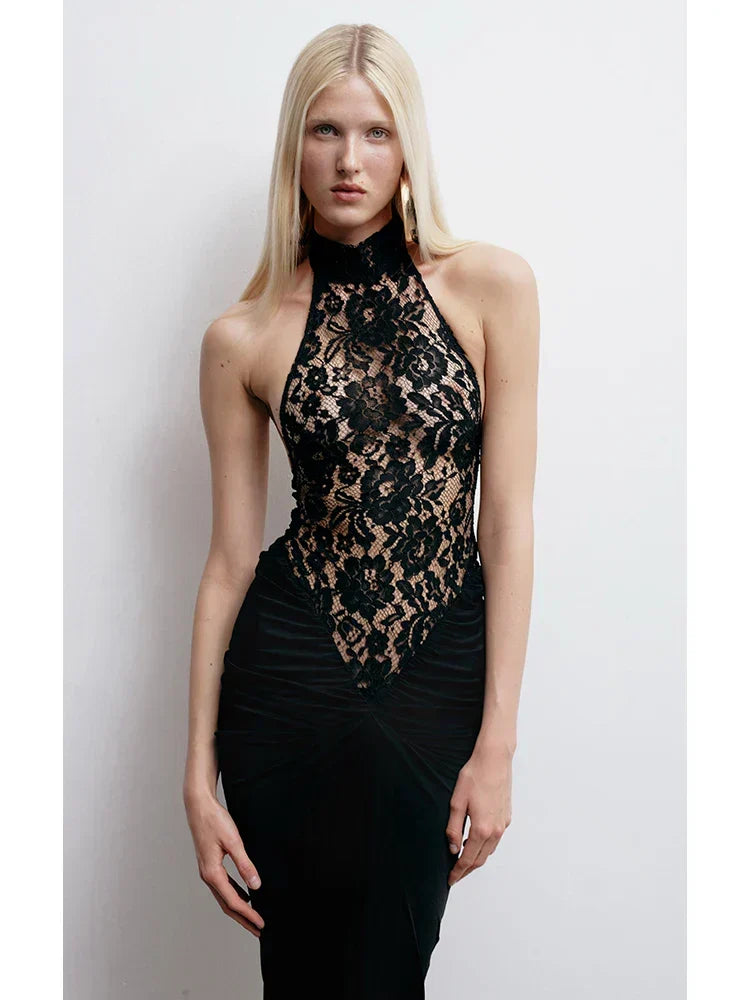 Lace Bodice Halter Neck Sleeveless Ruched Waist Fitted Maxi Dress 2