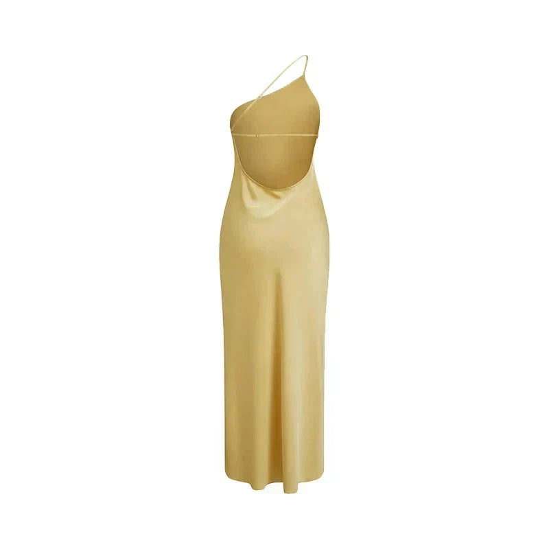 Satin Backless Asymmetric Strap Low Back Slip Maxi Dress 19