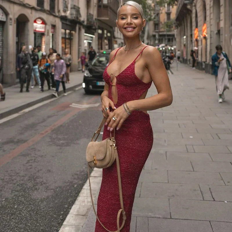 Metallic Knit V-Neck Ring Keyhole Cut Out Bodycon Midi Dress 10
