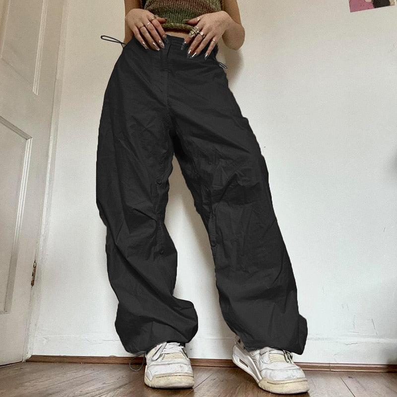 Mojoyce  Women Casual Joggers Tech Pants Vintage Solid Low Waist Drawstring Baggy Trousers Y2K Wide Leg Sweatpants Streetwear Cargo Pants
