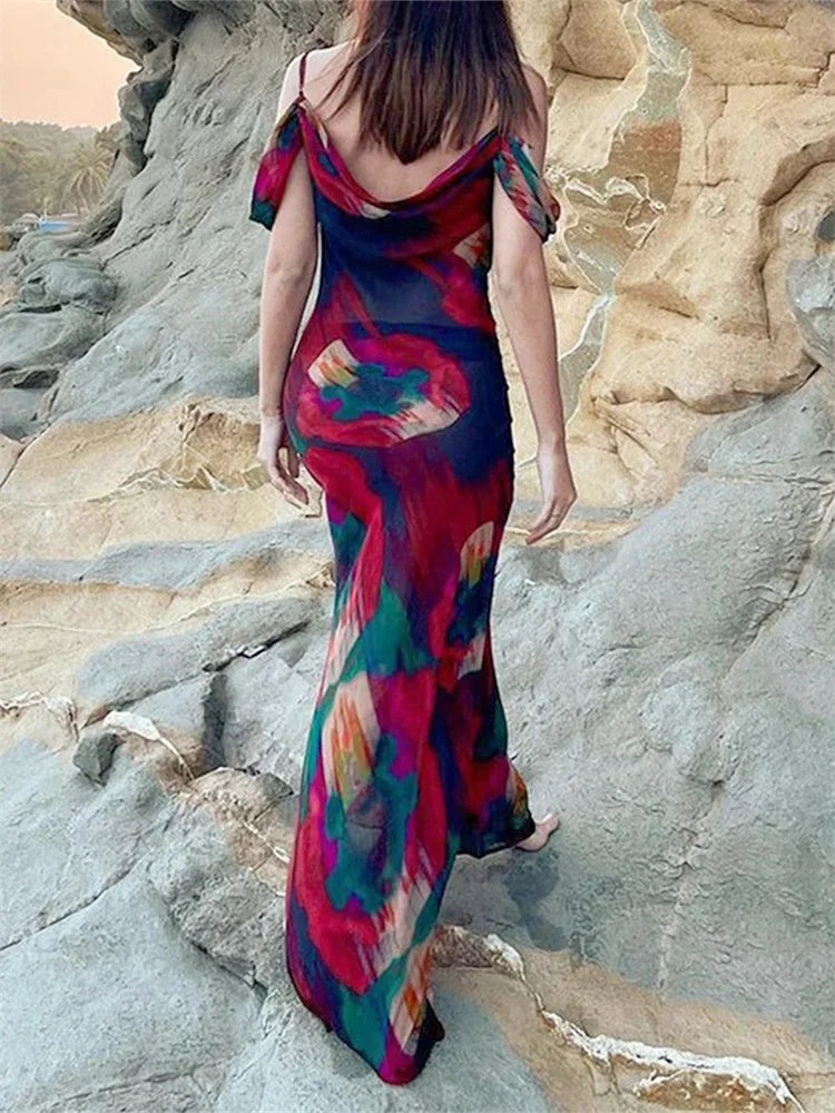 Print Mesh Pleated Off Shoulder Maxi Dress 5