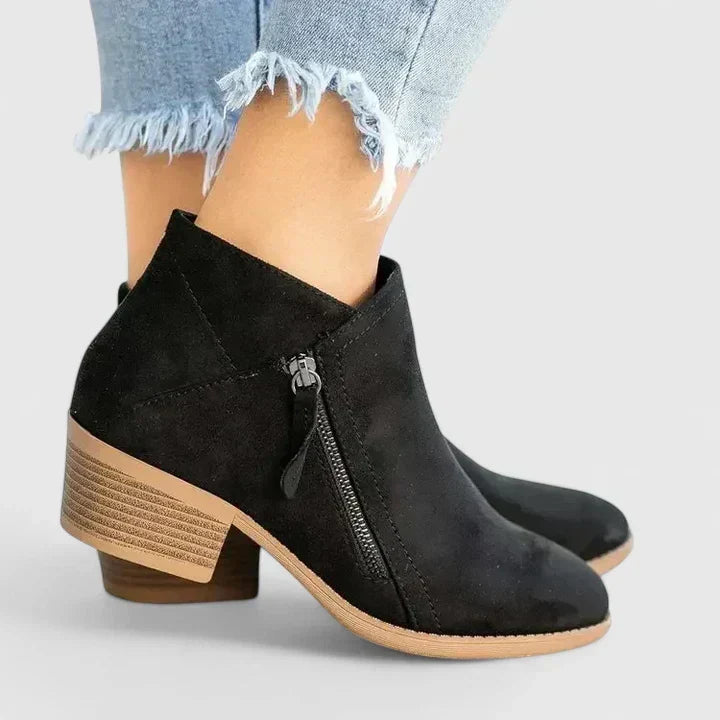 Suede Look Side Zip Block Heel Ankle Boots
