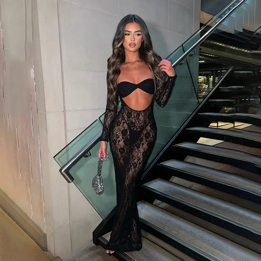 Sheer Floral Lace Long Sleeve Cut Out Twist Bust Bodycon Maxi Dress 7