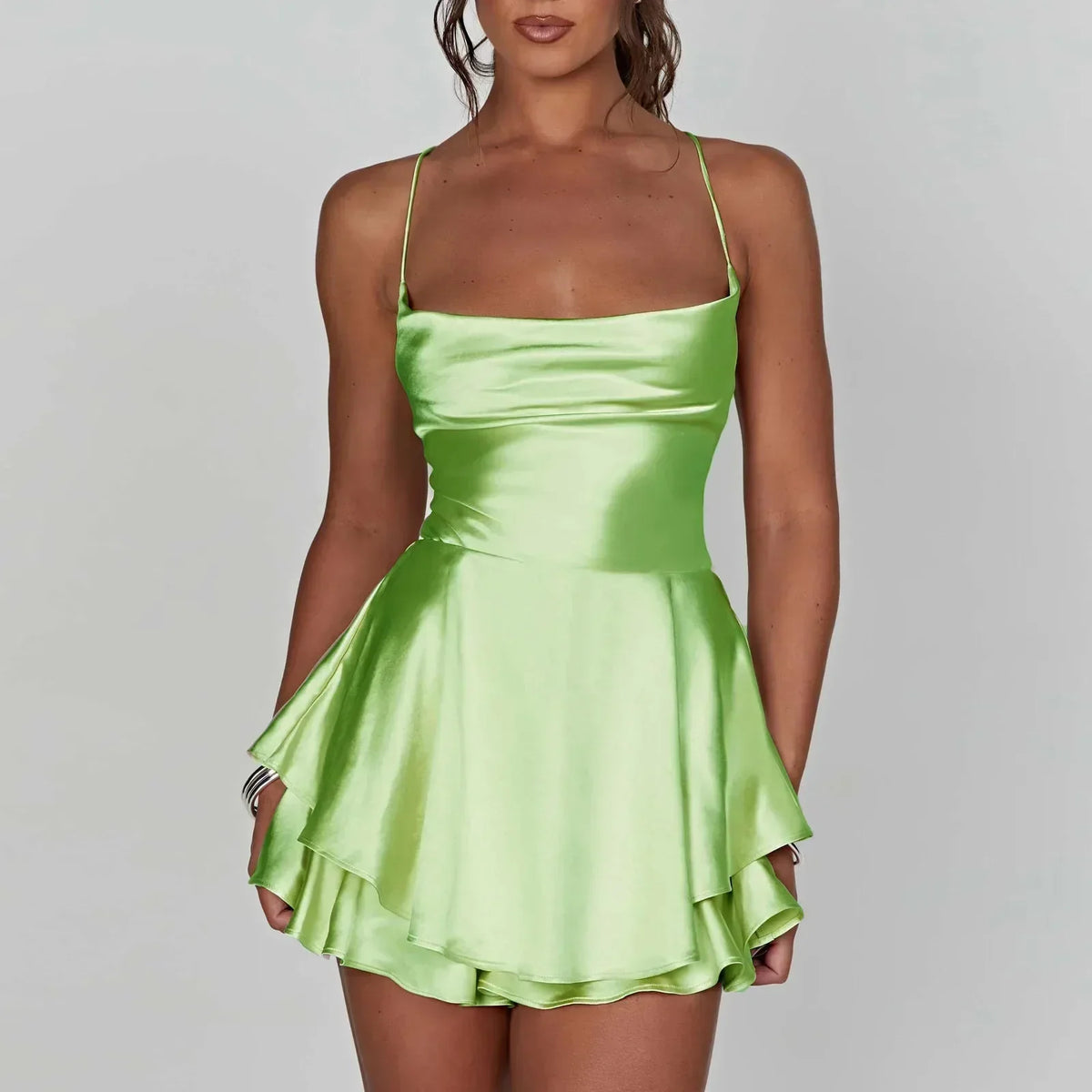 Satin Cowl Neck Spaghetti Strap Layered Ruffle Hem Mini Dress 10