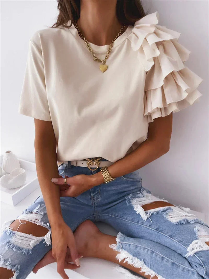 Round Neck Ruffle Sleeve Top