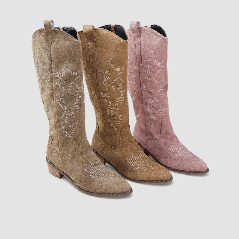 Embroidered Pointed Toe Western Knee High Boots