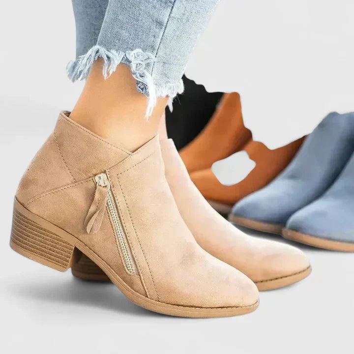 Suede Look Side Zip Block Heel Ankle Boots