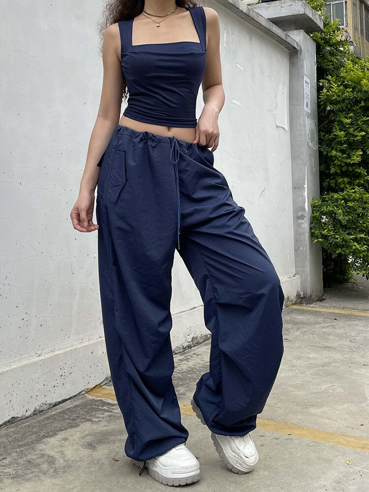 Mojoyce Streetwear Drawstring Low Waist Casual Blue Women's Pants Harajuku Baggy Trousers Hip Hop Wide Leg Capris Summer Chic