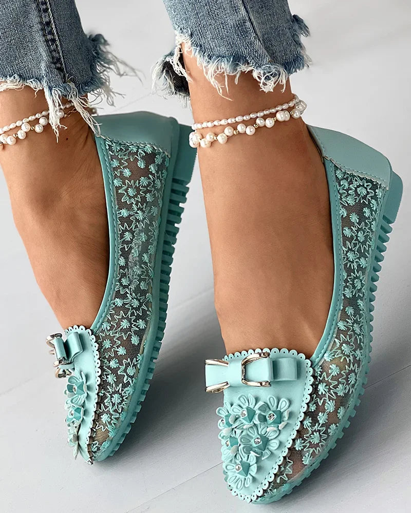 Floral Applique Bow Mesh Slip On Loafer Flats