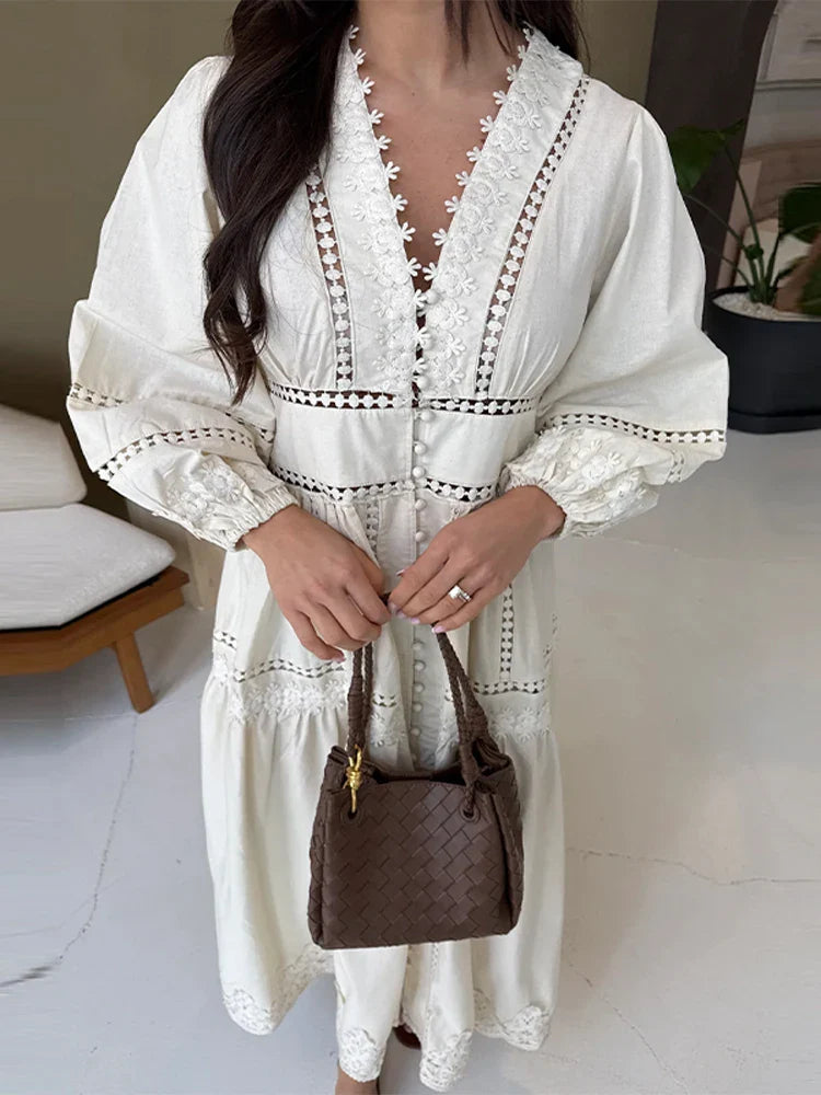 Hollow Lace V-neck Patchwork Maxi Midi Dress