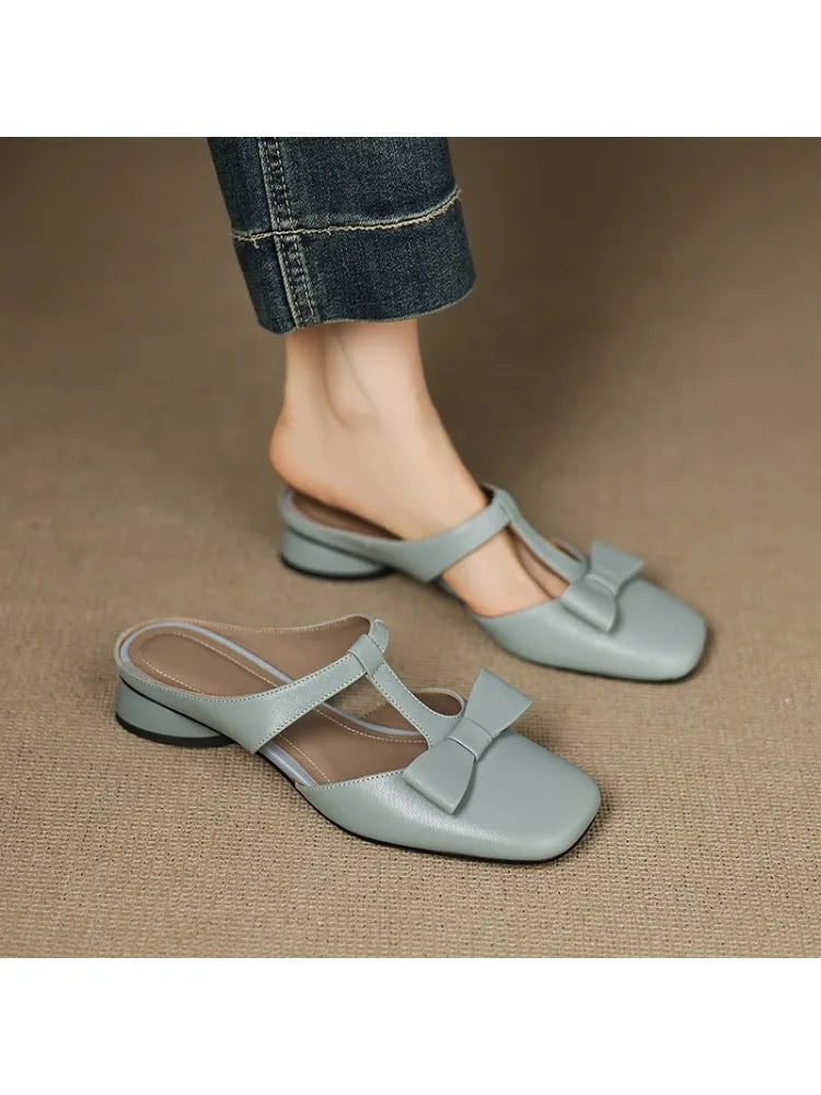 Square Toe Bow T-Strap Flat Mules
