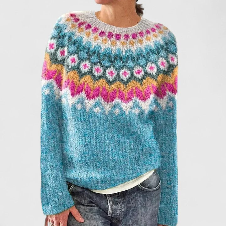 Fair Isle Crew Neck Long Sleeve Knit Sweater