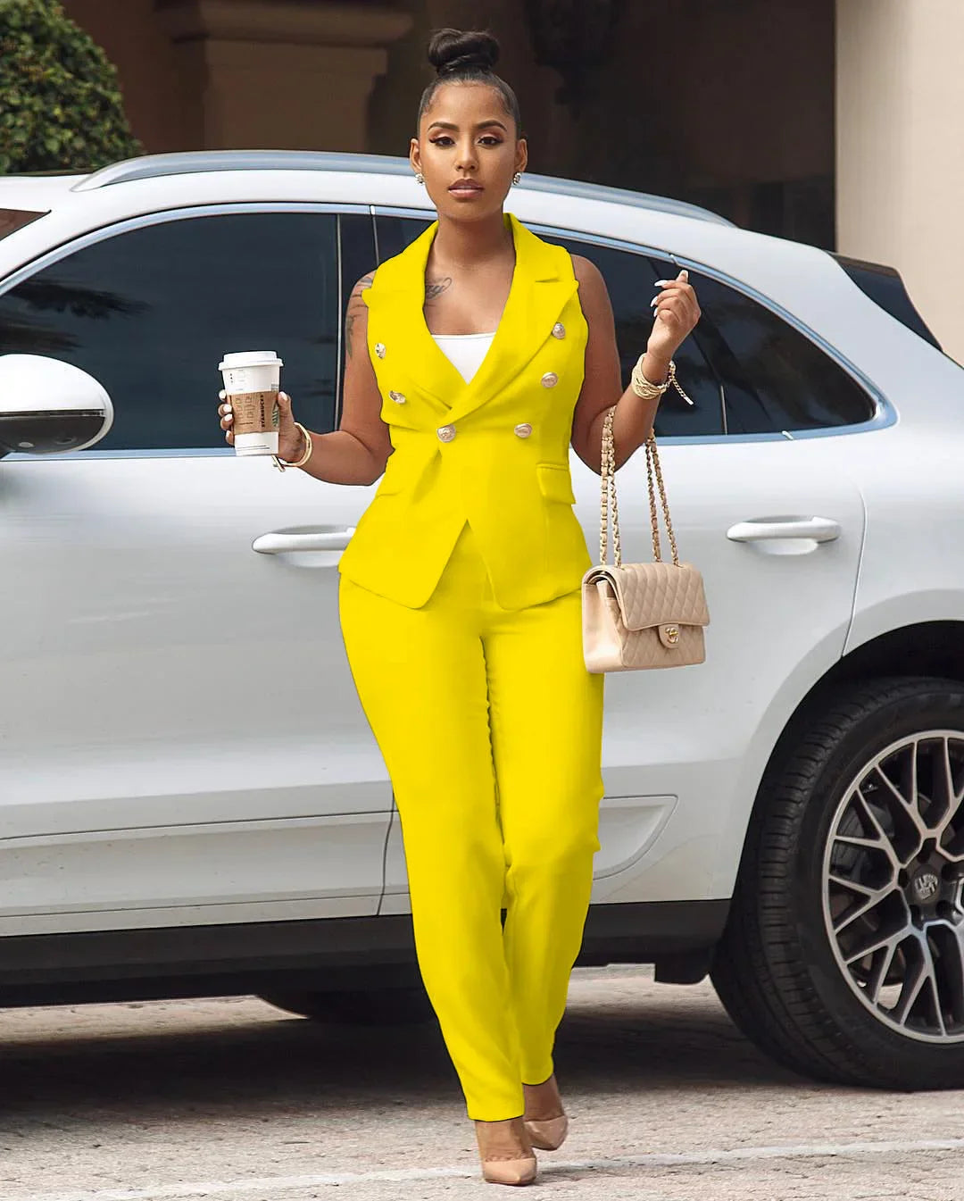 Notch Neck Long Pant Suit
