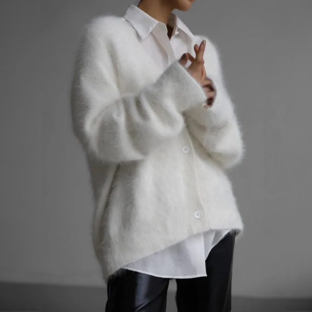 Fuzzy Knit V-Neck Button Front Cardigan