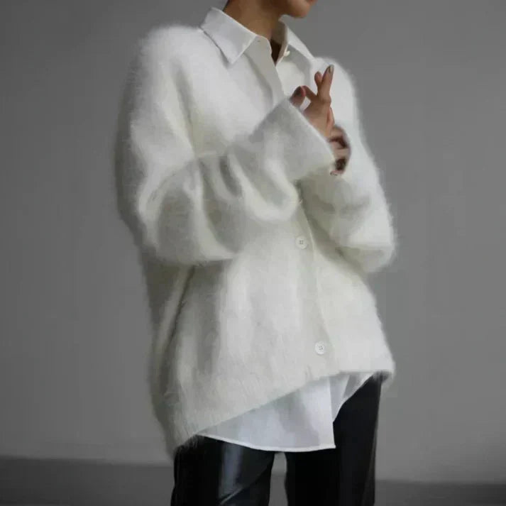 V-Neck Button Front Fuzzy Knit Oversized Cardigan