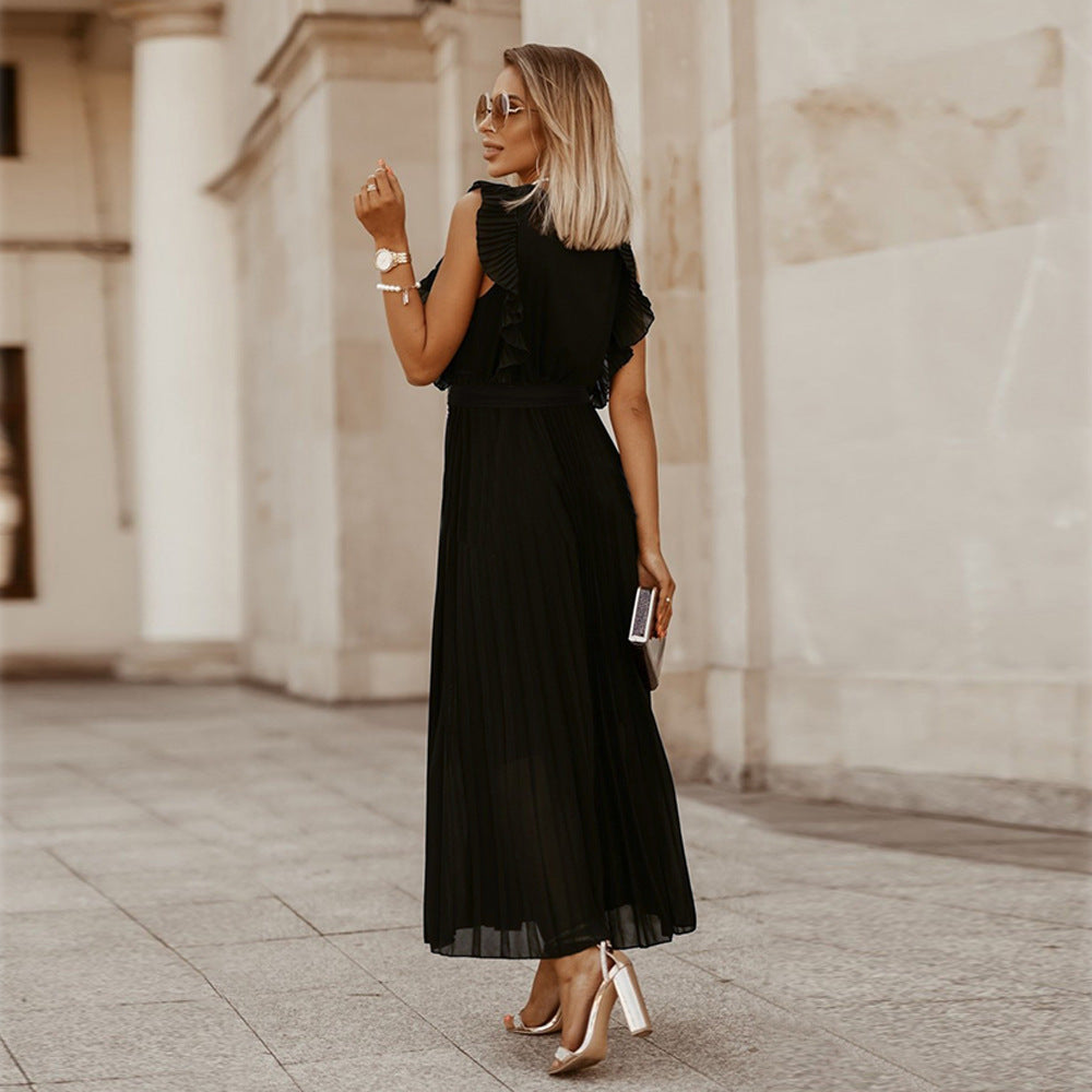 Flora Timeless Black Maxi Dress with Pleats Elevated Occasion Wear