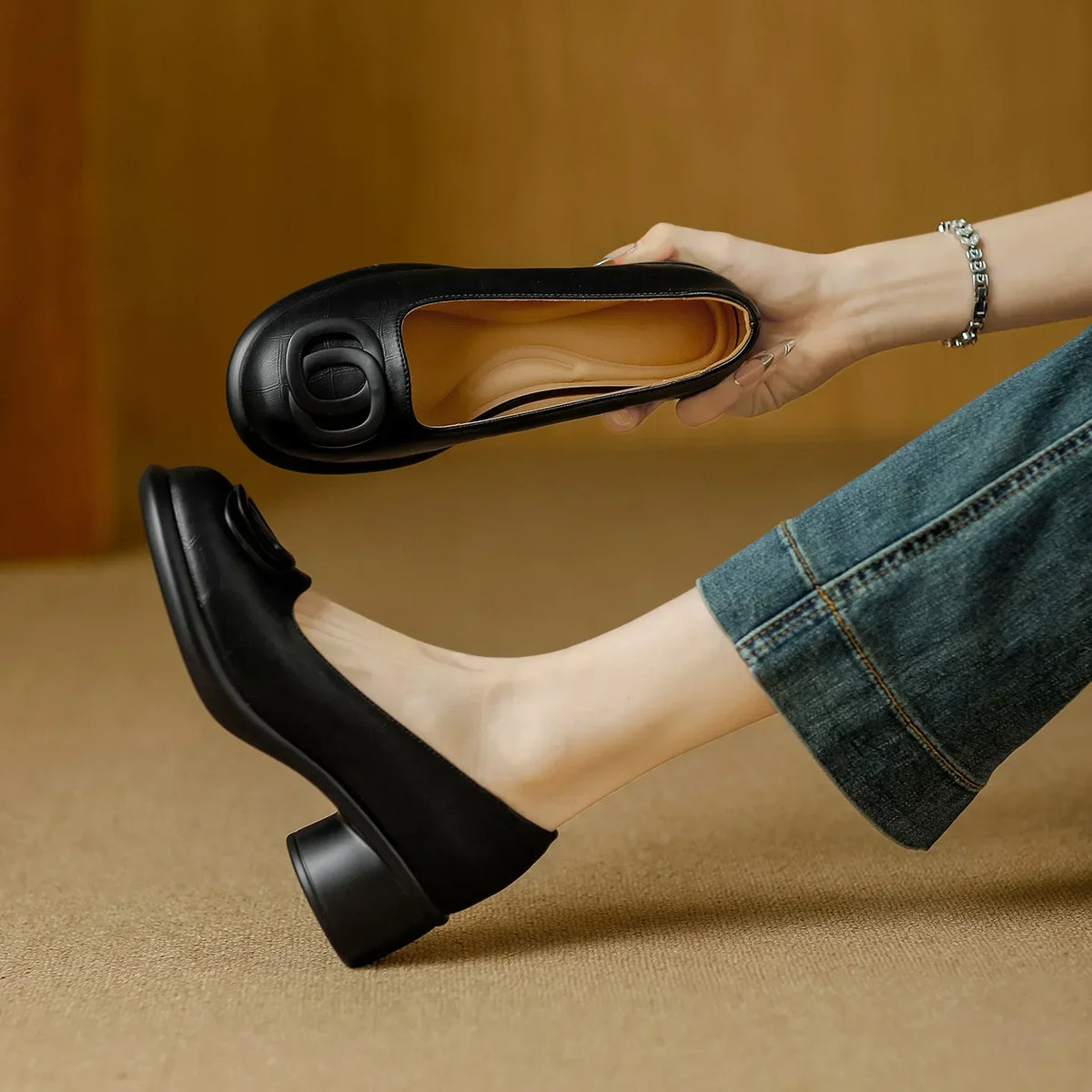Round Toe Slip On Buckle Block Heel Pumps
