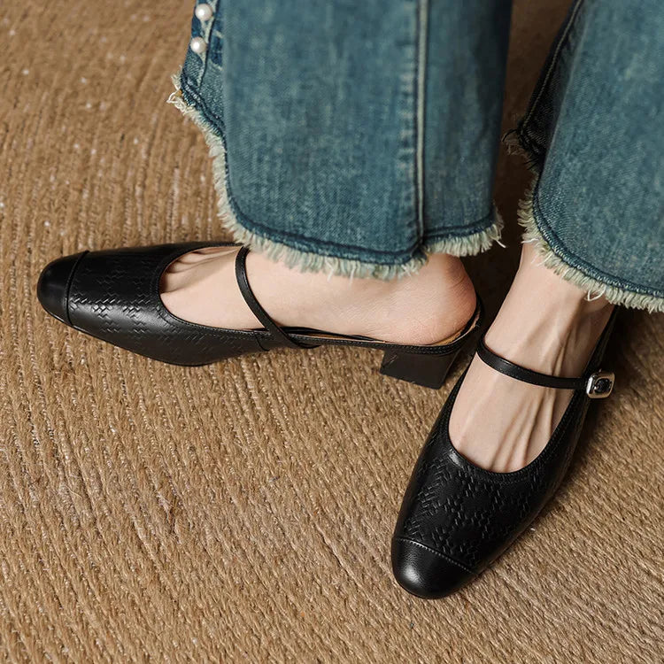 Embossed Square Toe Buckle Strap Block Heel Mary Jane Pumps