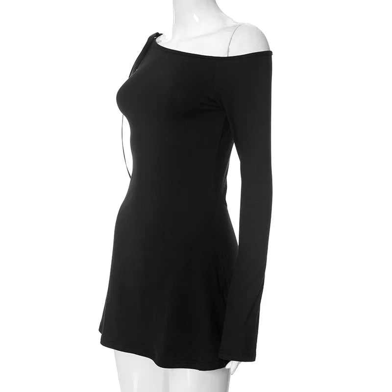 Asymmetric Off Shoulder Long Sleeve Ribbon Tie A-Line Mini Dress 8