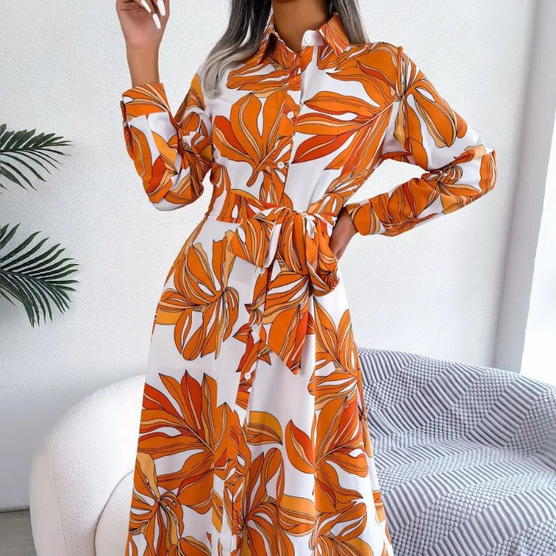 Floral Long Sleeve Belted Button Front Shirt Dress