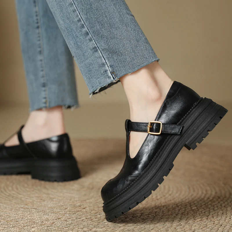 Round Toe T-Strap Buckle Platform Mary Jane Shoes