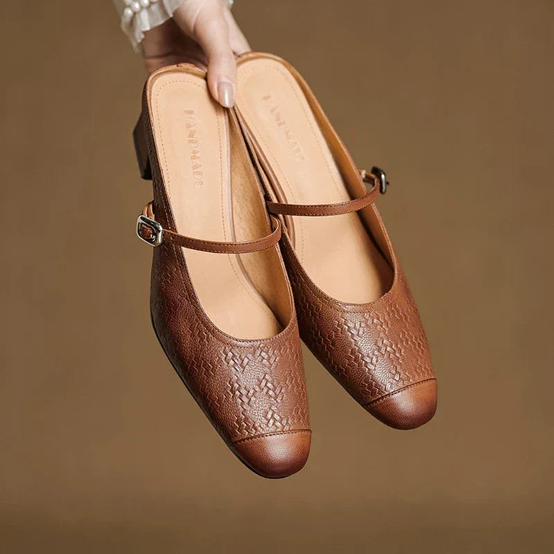 Embossed Square Toe Buckle Strap Block Heel Mary Jane Pumps