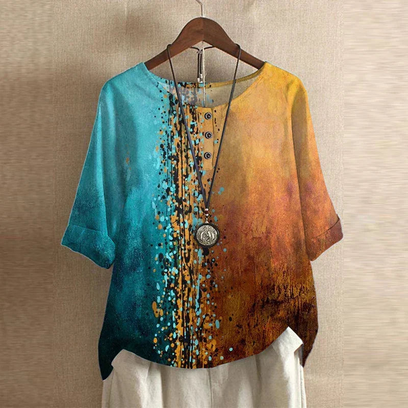 Round Neck Half Sleeve Floral Button Blouse