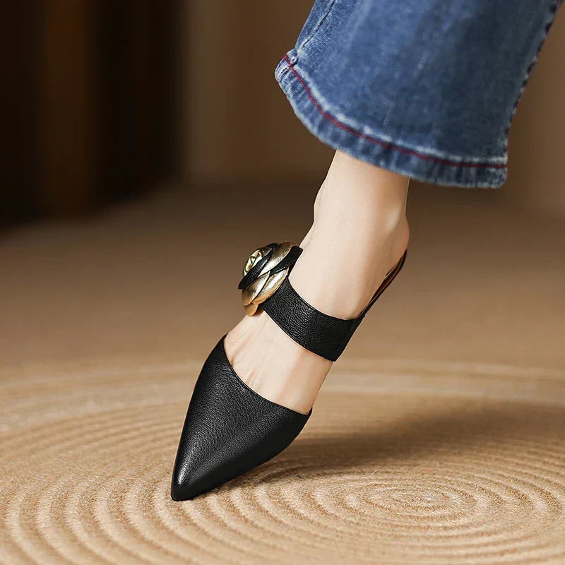 Pointed Toe Flower Buckle Block Heel Mules