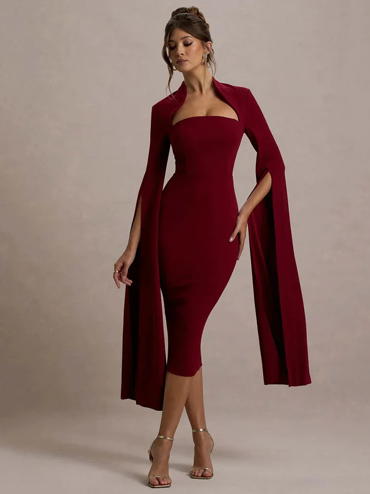 Cape Long Sleeve Back Slit Midi Dress