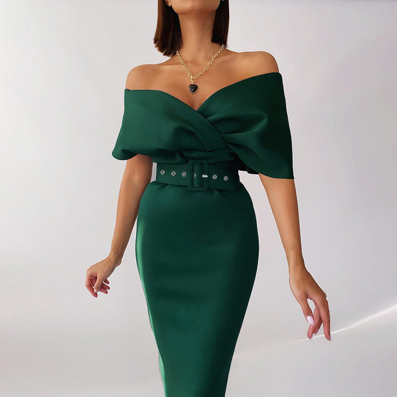 Satin Deep V-Neck Batwing Sleeve Belted Bodycon Midi Dress