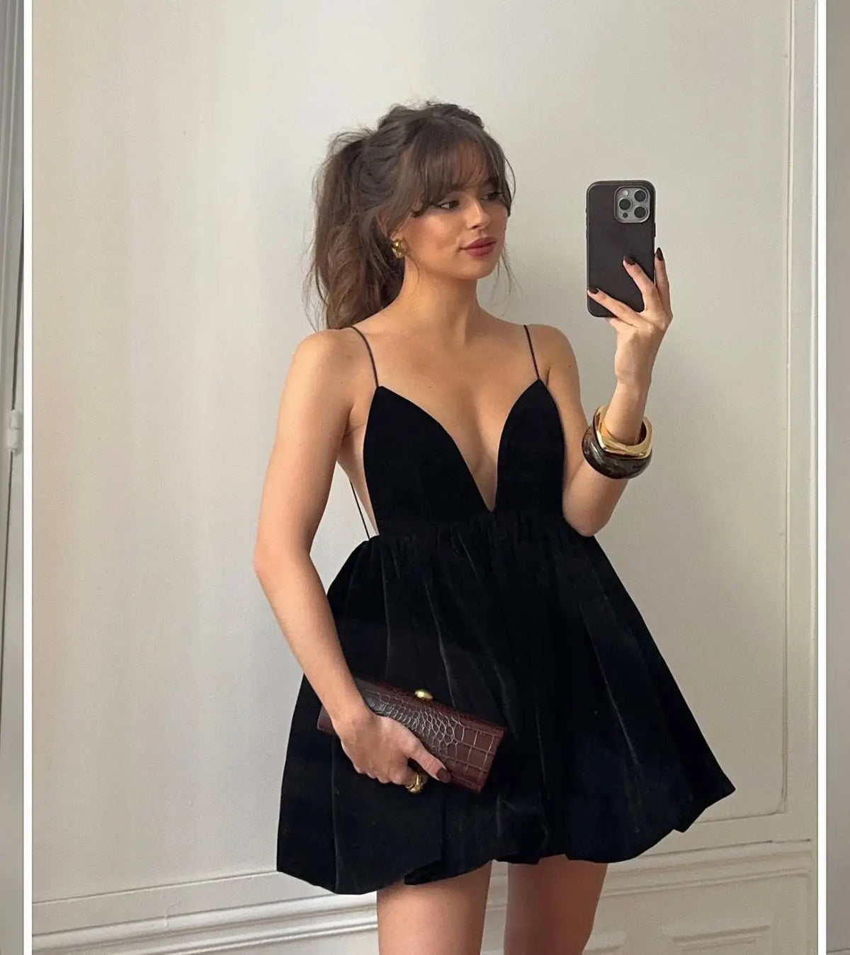 Velvet Deep V-Neck Spaghetti Strap Bubble Hem Mini Dress 10