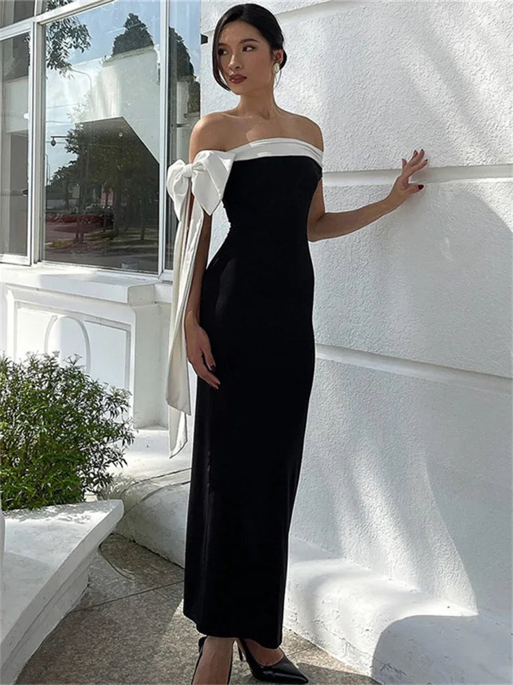 Contrast Trim Off Shoulder Bow Sash Bodycon Midi Dress 3