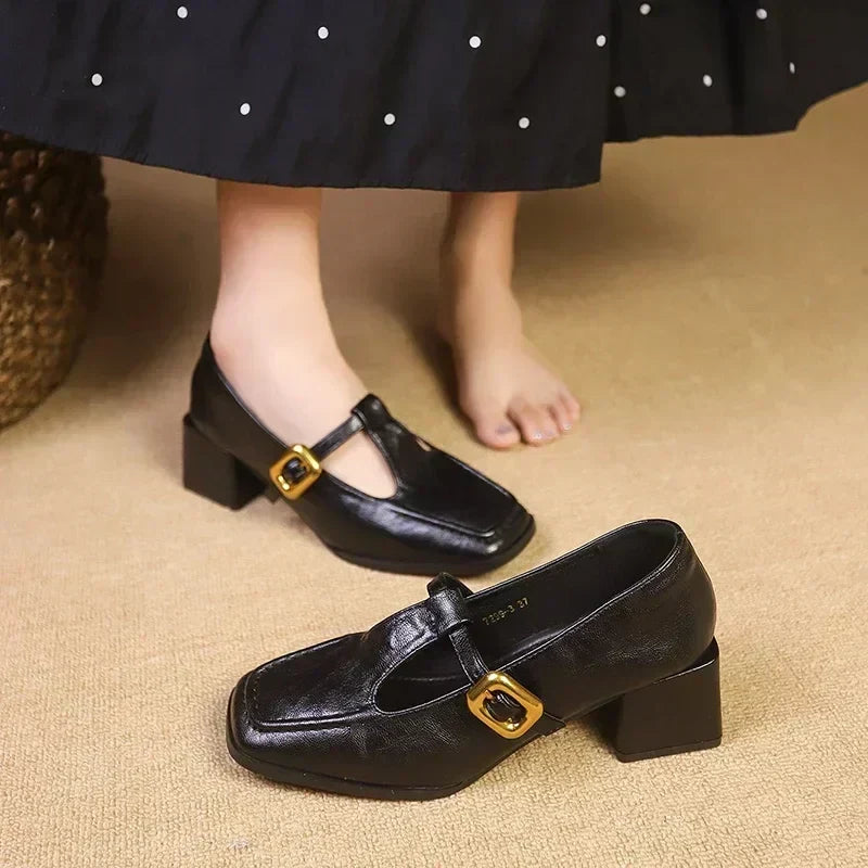 Square Toe T-Strap Buckle Block Heel Mary Jane Pumps