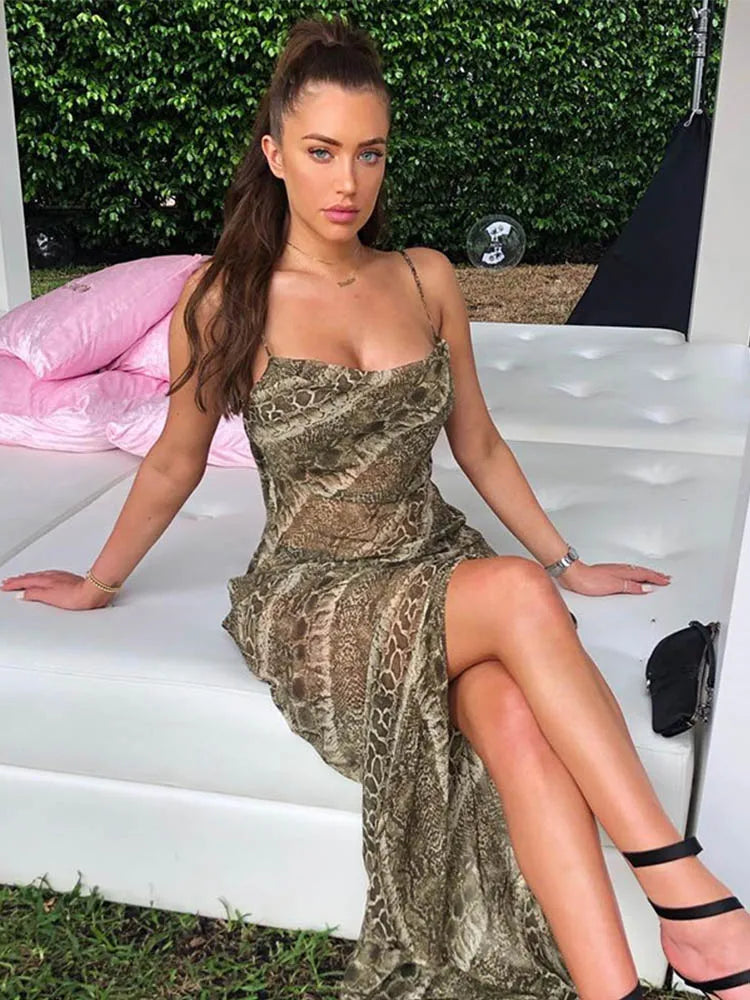 Snake Print Chiffon Sheer Strap Backless Slit Slip Dress 2