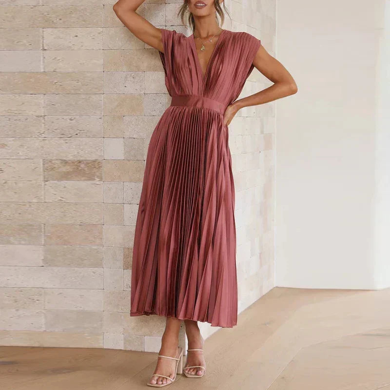 Deep V-Neck Cap Sleeve Pleated Flared Midi Dress