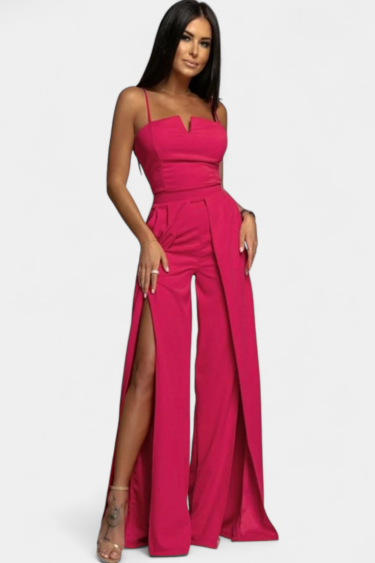 Spaghetti Strap Notch Neck Top and High Split Wide Leg Pants Two Piece Set