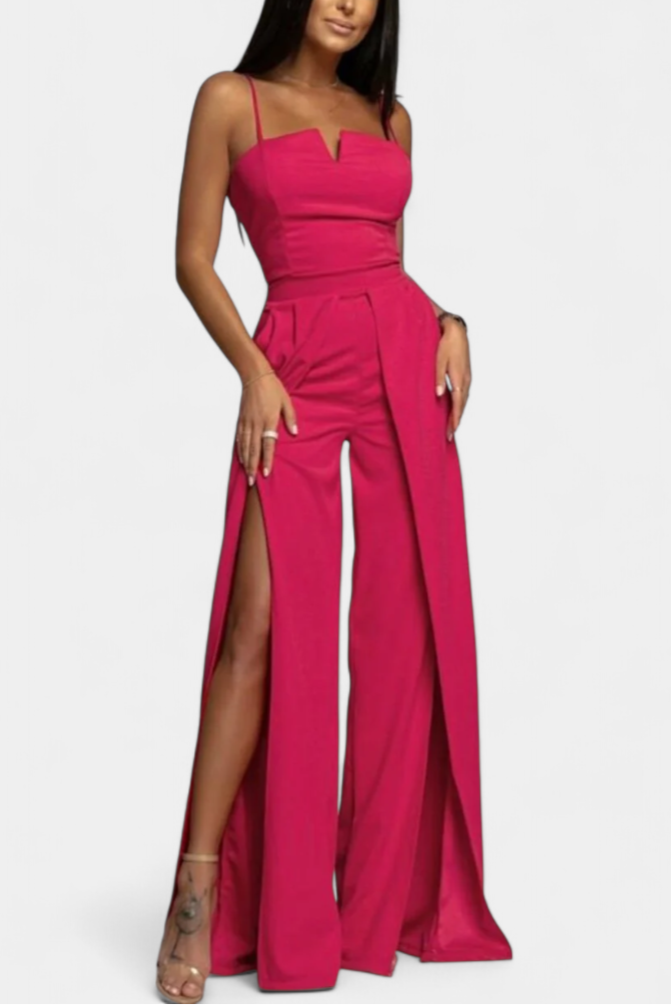 Spaghetti Strap Notch Neck Top and High Split Wide Leg Pants Two Piece Set