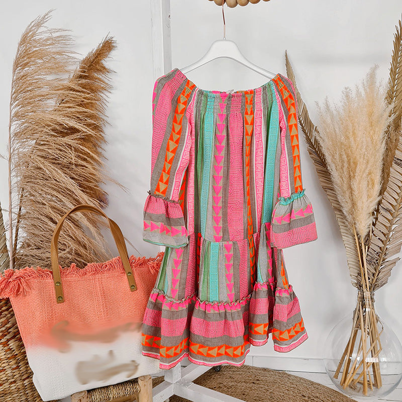 Off Shoulder Smocked Bell Sleeve Tiered Ruffle Geometric Print Mini Dress