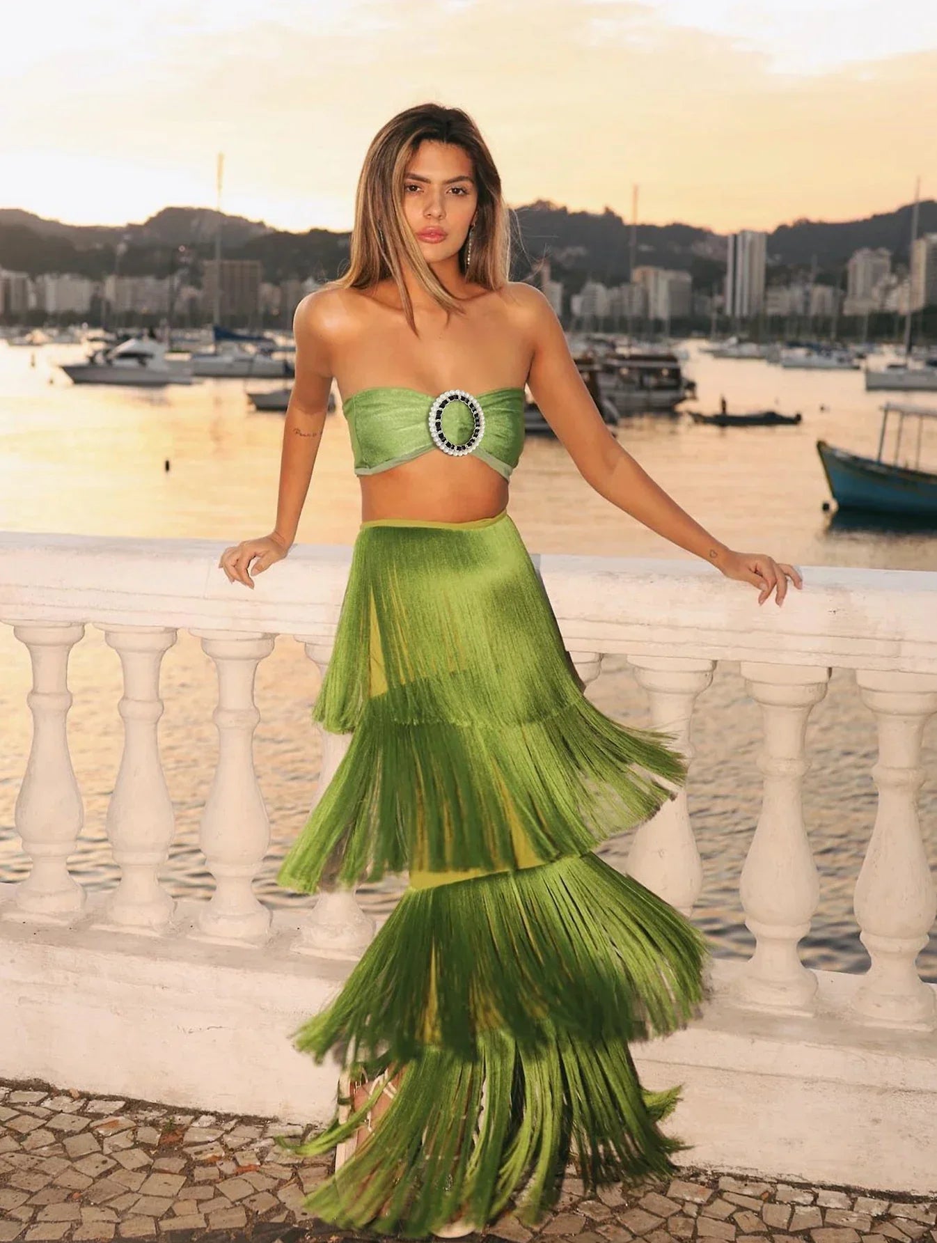 Tassel A Line High Waist Beach Two Piece Skirt Set