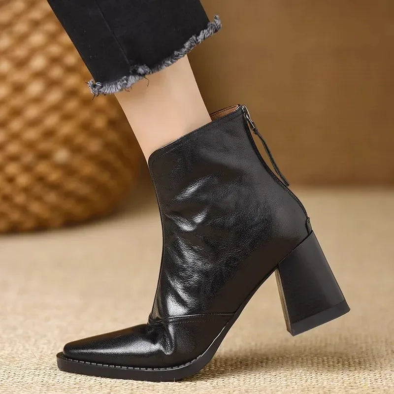Square Toe Block Heel Back Zip Ankle Boots