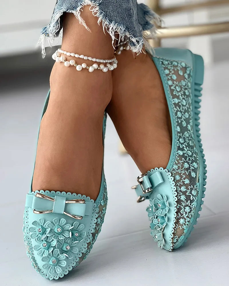 Floral Applique Bow Mesh Slip On Loafer Flats