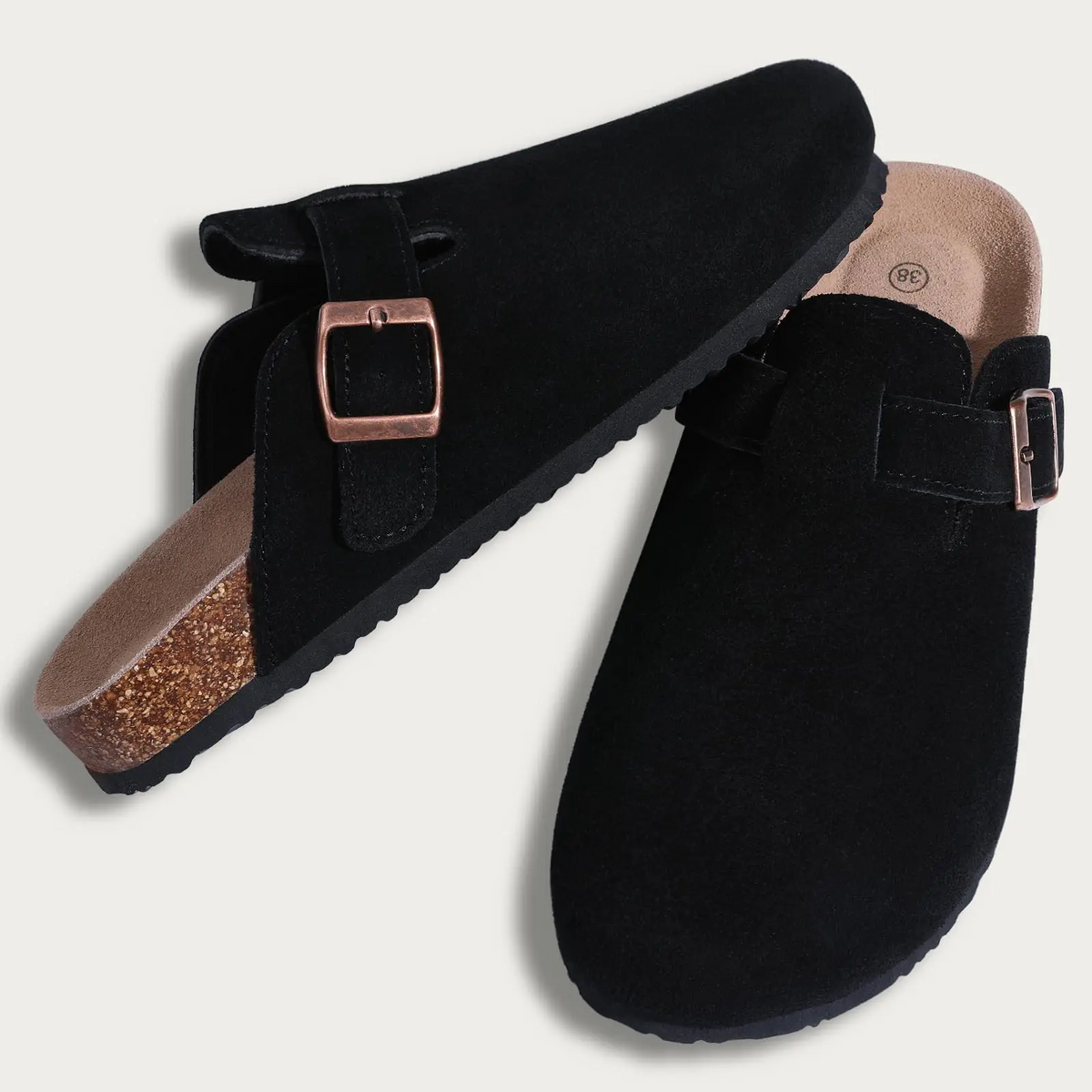 Round Toe Buckle Strap Suede Look Clog Mules