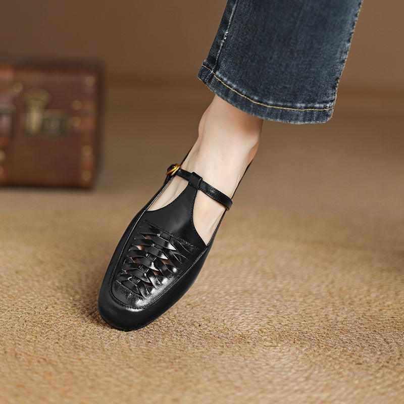 Square Toe T-Strap Buckle Low Block Heel Mary Jane